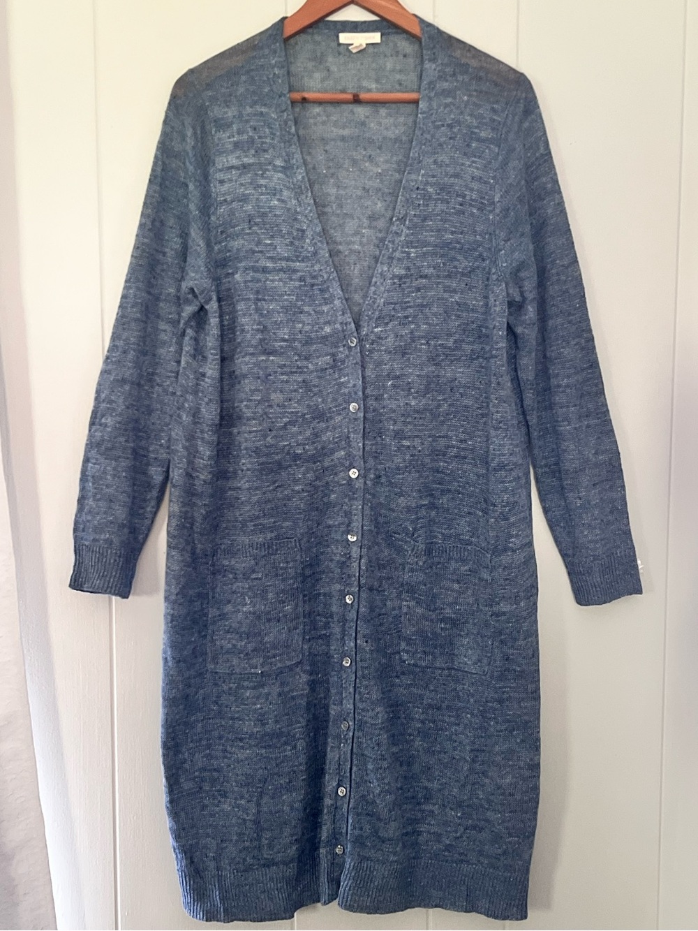 Eileen Fisher Organic Linen Long Button Down Duster Cardigan Knit Sweater L Blue